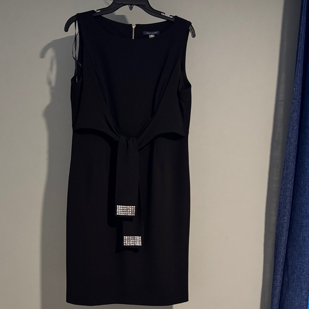 Tommy Hilfiger Black Midi Dress with Embellished Tie size 12